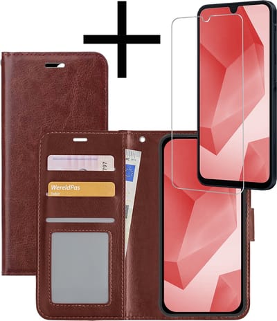 Hoesje - Met Screenprotector - Geschikt voor Samsung Galaxy A16 - Luxe Pasjeshouder - Bookcase Portemonee - Flip Case - Kunstleer Book Case - Flipcase - Book Cover - Walletcase - Portemonneehoes - Bruin