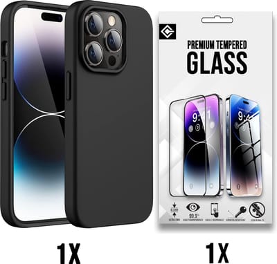Casemania Hoesje Geschikt voor Apple iPhone 15 Pro - Zwart / Glazen Screenprotector - Siliconen Back Cover