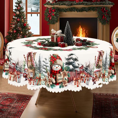 Kerst Vintage Boerderij Tafelkleed met Kerstman, rendieren & Kerstboom prints. Rechthoekige & ronde maten voor Kerst/Nieuwjaarsfeesten, keuken, binnen & Round (152)Cm