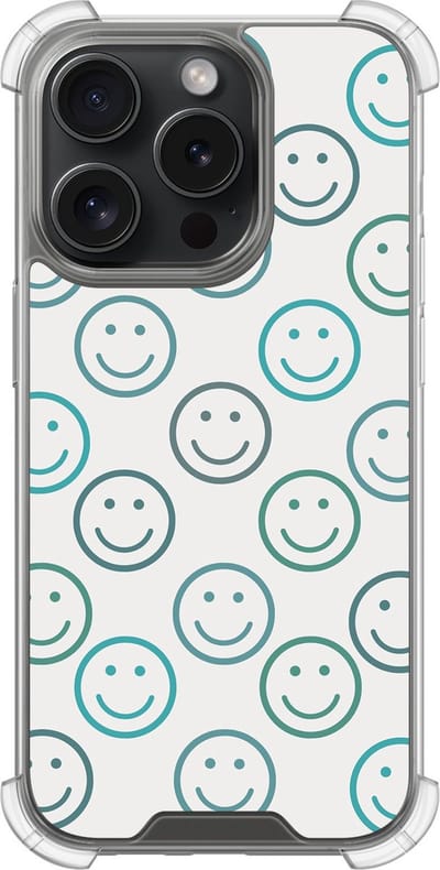 Shockproof hoesje - Geschikt voor iPhone 15 Pro - Happy faces - Extra sterke case - TPU/polycarbonaat - Print / Illustratie - Blauw, Transparant