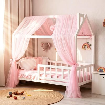 Huisbed met Hemelgordijnen Set van 2, Tule Bedhemel voor Kinderbed, Decoratie voor Meisjes en Jongens, 150 x 350 cm (Wit)