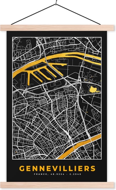 Posterhanger incl. Poster 40x60 cm - Schoolplaat - Frankrijk - Gennevilliers - Stadskaart - Kaart - Plattegrond - Textielposter - Blanke latten - Stadskaart