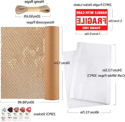 Honingraat papieren verpakking 30 cm x 30 m - Dempende wrap met henneptouw en stickeretiketten - Milieuvriendelijk