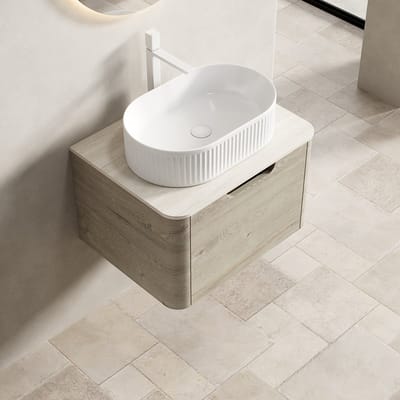 REDOM - Badkamermeubel - Ovale Keramische Wastafel En Lade - Modern - Keramiek En Sintersteen - Beige En Wit