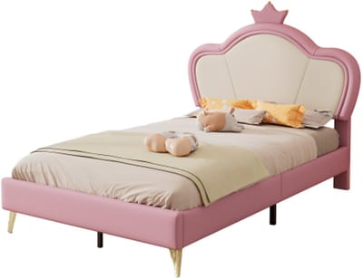 Gotagee Gestoffeerd bed, kinderbed, hoofdbord met kroon, metalen bedpoten, gestoffeerd hoofdbordprofiel, eenpersoonsbed, PU, roze+wit, 90x200cm