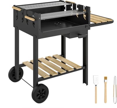 Premie Houtskool Barbecue - Smoker Barbecue - Houtskoolgrillwagen - Houtskoolgrill - met in 4 Standen Verstelbaar Grillrooster, Asbak, Wielen - BBQ voor Kamperen, Buiten, Tuin - 99,5 x 58 x 82 cm - Zwart