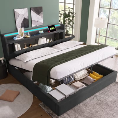 OKWISH Gestoffeerd Bed 140x200 cm - Bed Met Opbergruimte En USB C-Type Oplaadfunctie - LED Verlichting - Linnen - Grijs