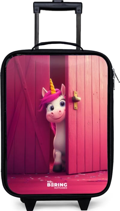 NoBoringSuitcases.com® - Kinderkoffer jongen - Kindertrolley meisje - Eenhoorn met roze manen achter roze deur - Koffer kind lichtgewicht - Reiskoffer trolley voor kinderen - Koffertje met lichtgevende wieltjes - Rolkoffer zwart