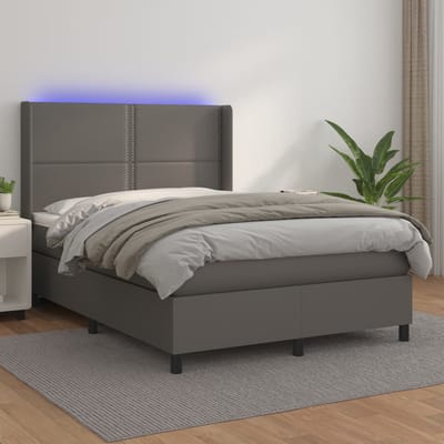 vidaXL - Boxspring - met - matras - en - LED - kunstleer - grijs - 140x190 - cm