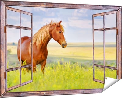 Gards Tuinposter Doorkijk Bruin Paard in de Wei - 150x100 cm - Tuindoek - Tuindecoratie - Wanddecoratie buiten - Tuinschilderij