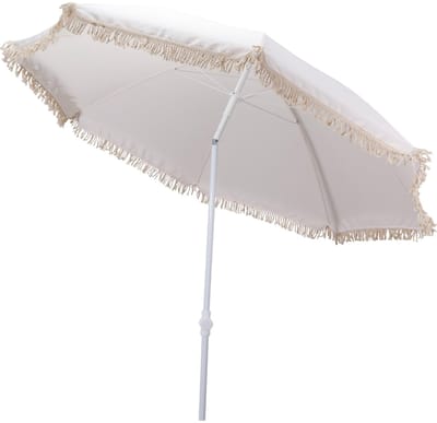 Dailygoods- Parasol met franjes - Boho chic - UV-bescherming 30+ - Verstelbaar - Knikscharnier - Crème kleur 155cm - Zonnescherm