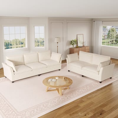 Modulaire Bankset, 3-2 Bankcombinatie, Vrij Combineerbaar, Woonkamerbank, Chenille Stof, 3-Zits + 2-Zits, Inclusief Kussens, Zacht Gestoffeerd, Cloud Comfort, Modern Design-Beige