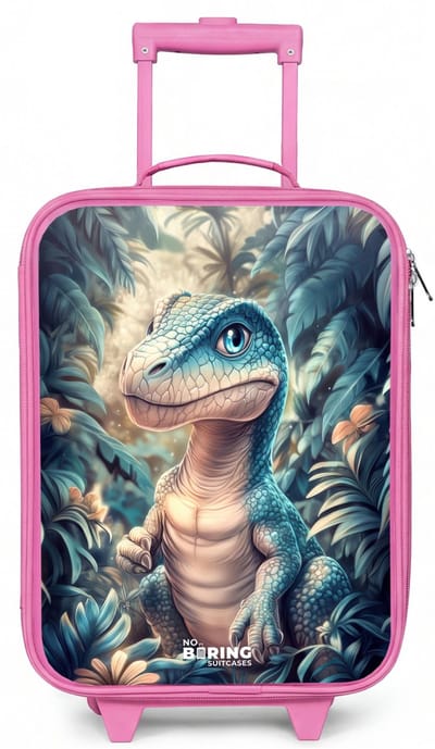 NoBoringSuitcases.com® - Kinderkoffer roze - Kindertrolley meisje - Dino in mystieke jungle met maanlicht - Koffer kind lichtgewicht - Reiskoffer trolley voor kinderen - Koffertje met lichtgevende wieltjes - Rolkoffer