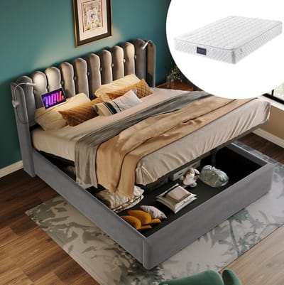MEUNIQ tweepersoons bed 140x200 cm met opbergruimte, lattenbodem, USB en leeslamp, gestoffeerd bedframe van grijze stof voor slaapkamer