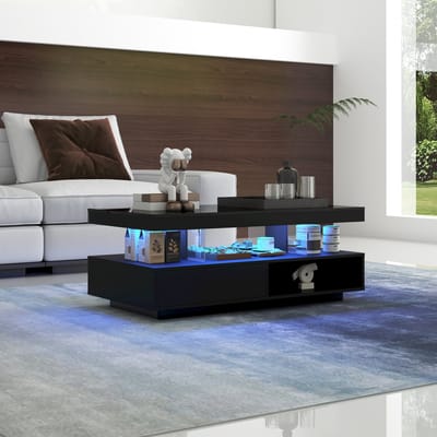 STILVORA Salontafels - Moderne Salontafel Met LED En Glasplaten - 2 Lades En Open Vakken - 95x50x42,5 cm - Hout - Zwart