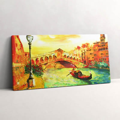 Wallfluent Foto Op Canvas Venetië - gondel en Rialtobrug - 100 x 50 cm - Groente Schilderij Canvas - Steden Canvas Foto - Imitatie van een olieverfschilderij Print Op Doek - Kunst Schilderijen Op Canvas Doek