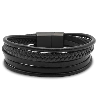*** Leren Armbanden Set - 5 Leren Armbandjes - Zwart - Leer - van Heble® ***