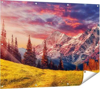 Gards Tuinposter Alpen Landschap met een Kleurrijke Hemel - 120x90 cm - Tuindoek - Tuindecoratie - Wanddecoratie buiten - Tuinschilderij