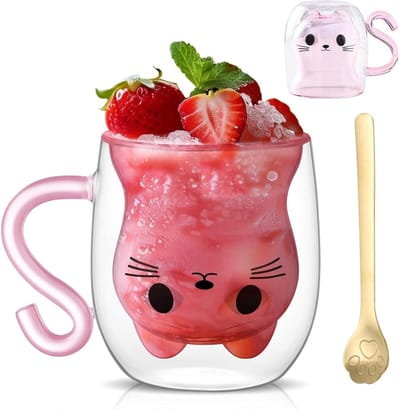 Schattige Dubbelwandige Glazen Mok met Handvat en Lepel, 300 ml, Perfect voor Koffie, Latte en Cappuccino, Ideaal Cadeau voor Moeder en Kattenliefhebbers