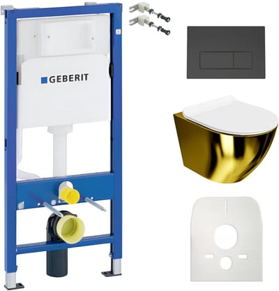GEBERIT BASIC SOFI SLIM - Inbouwreservoir WC - Zwarte Delta drukplaat - Goud-wit Rimless wandcloset - Toiletset