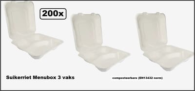 200x Suikerriet menubox 3 vaks wit next generation - Take away restaurant food diner maaltijd festival thema feest composteerbaar