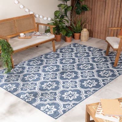 Fraai Buitenkleed - Rio Flower Blauw - 160x230cm