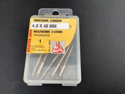 HOUTSCHROEF 4.0 x 40mm. Lang. Lenskop met gleuf. Messing vernikkeld. 5 stuks