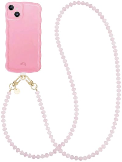 xoxo Wildhearts Glossy Wavy Case Bubble Blush - Dusty Pink (lang koord) - geschikt voor iPhone 15 - hoesje met telefoonkoord - afneembaar koord - Kralenketting - lang telefoonkoord - hoesje met golven - Roze