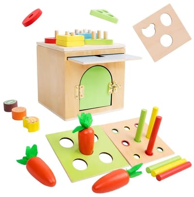 Houten kinderpuzzelbox - Sorteer en stapelspeelgoed - 5 in 1 - Activiteiten box - Regenboogkleuren - Open einde speelgoed - Educatief montessori speelgoed