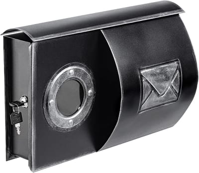 Letterbox VINTA antique vintage look, wall mailbox with glass window, curved newspaper compartment, metal mailbox, porthole, black, brass, (colour: black-silver | removal: right)