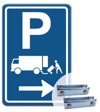 Parkeerbord Laden en Lossen Pijl rechts - blauw - Weerbestendig Aluminium - 40x60 cm - Bevestiging: Met hekbeugels (voor spijlen- of gaashek)