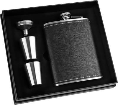 Stijlvolle RVS Heupfles Set 240 ml met Leren Omhulsel, Trechter en 2 Bekers - Perfect Cadeau voor Verjaardag, Vaderdag en Bruiloft