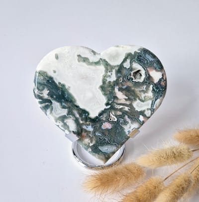 Edelsteen Grote Druzy Mosagaat Hart op Metalen Standaard – #44 182gram