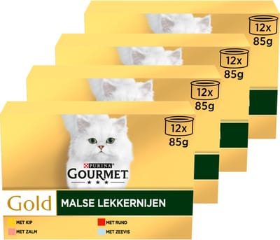 Gourmet Gold Malse Lekkernijen - Kattenvoer Natvoer - Kip Zalm Rund & Zeevis - 48 x 85 g