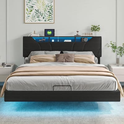 Opbergbed met LED Verlichting en USB Opladen - Tweepersoons Bed 140x200 - Zwart PU Leer
