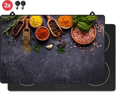 KitchyMist Inductie Beschermer 80x52 cm - Kruiden en Specerijen op Zwarte Marmer - Kookplaat Beschermer - Afdekplaat voor Kookplaat - Inductie Mat - Spatscherm Achterwand Keuken
