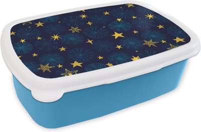 Broodtrommel Blauw - Lunchbox - Brooddoos - Sterren - Sneeuw - Patronen - Kerst - 18x12x6 cm - Kinderen - Jongen