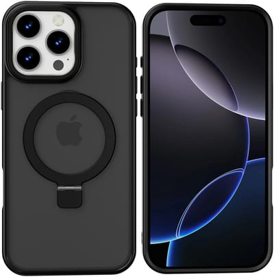 Hoesje Geschikt voor iPhone 16 Pro Magsafe hoesje - hard backcover - Magnetische Standaard - Ringhouder - Mat Transparant / Zwart