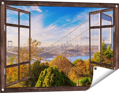 Gards Tuinposter Doorkijk Bosphorus Brug in Instanbul - 90x60 cm - Tuindoek - Tuindecoratie - Wanddecoratie buiten - Tuinschilderij