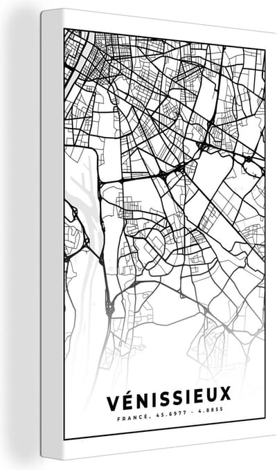 Canvas Schilderij Vénissieux - Plattegrond - Kaart - Frankrijk - Stadskaart - Zwart wit - 20x30 cm - Wanddecoratie