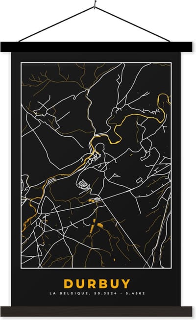 Posterhanger incl. Poster 40x60 cm - Schoolplaat - Stadskaart - Durbuy - Goud - Plattegrond - Kaart - Textielposter - Zwarte latten - Stadskaart
