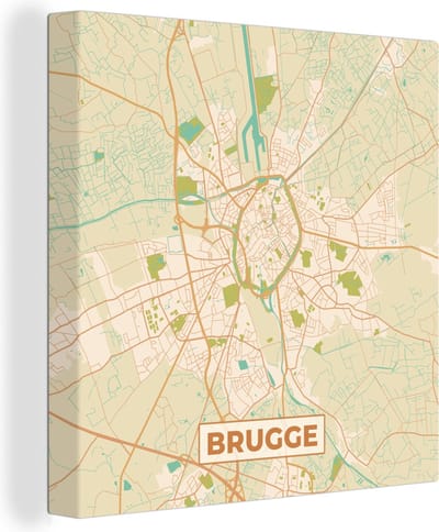 Canvas Schilderij Brugge - Kaart - Plattegrond - Brugge - Stadskaart - 20x20 cm - Wanddecoratie