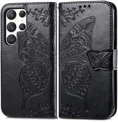 YPCd - Bookcase geschikt voor Samsung Galaxy S23 Ultra - Vlinder Design - Portemonnee / Wallet Hoesje - Zwart