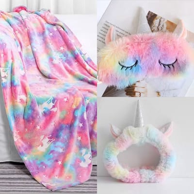 Unicorn fleece deken - set van 3 - glow in the dark - cadeau set - fleece deken - Deken - oogmasker - hoofdband - unicorn set - 3 delig - cadeauset - feestdagen -