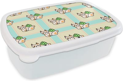 Broodtrommel Wit - Lunchbox - Brooddoos - Katten - Planten - Pastel - Kind - Patroon - 18x12x6 cm - Volwassenen