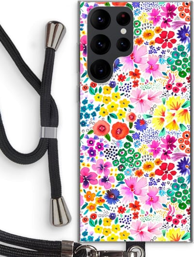 Case Company® - Hoesje met koord geschikt voor Samsung Galaxy S22 Ultra hoesje met Koord - Little Flowers - Telefoonhoesje met Zwart Koord - Bescherming aan alle Kanten en Over de Schermrand