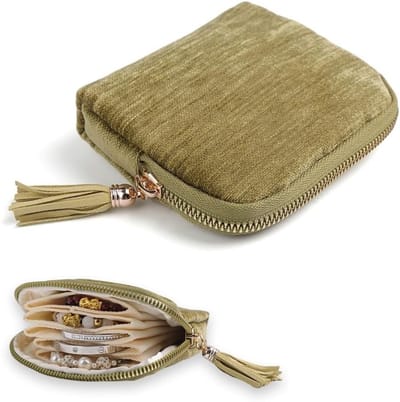 Mini sieradenorganiser met rits, zachte reistas voor sieraden met satijnen voering, 5 vakken voor ringen, kettingen, armbanden en oorbellen.