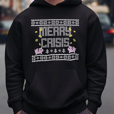 Foute Kerst Hoodie Zwart Merry Crisis Piggybank XS - Uniseks Pasvorm - Kerstkleding Voor Dames & Heren