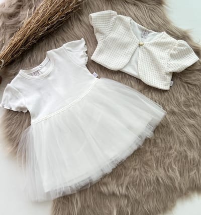 luxe feestjurk met korte jas-bruidsjurk-doopjurk-doopkleding-bruidsmeisjes-doopsel-bruiloft-fotoshoot-tule jurk met korte mouwen-baby jurk-tweedelige set-effen katoenen jurk met steentjes- wit ivoor goudkleur kleur-gestipt maat 80 - 9 tem 12 maanden