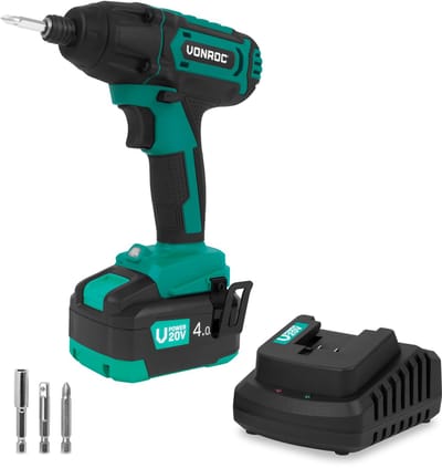 VONROC Accu Slagschroevendraaier 20V – 180Nm – Opname: 6,35 mm ¼” - Incl. Schroefbits, mag-netische bithouder en dophouder - Incl. 4.0Ah Accu en Snellader